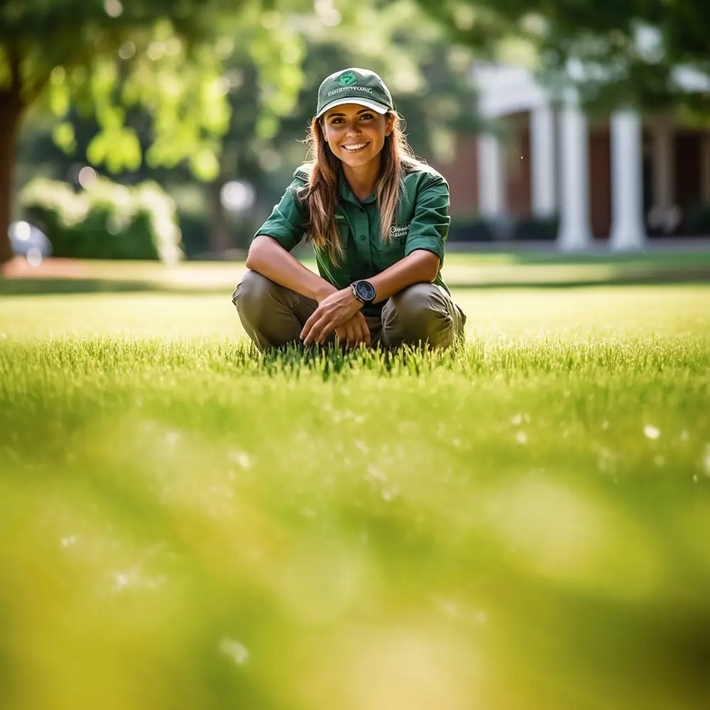 Lawn Care Working Sitting on Newly Treatment Lawn. Green Lush Healthy Lawn