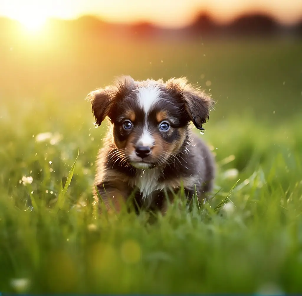 Puppy running through grass. Cute puppy. Long healthy green grass